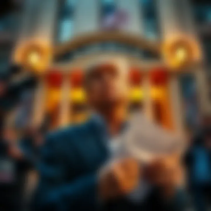 Billionaire investor standing outside a courthouse holding legal documents, with a worried expression, as news reporters gather around.