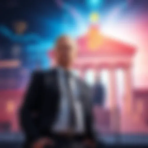 A billionaire investor stands in front of a large graphic showing a cryptocurrency symbol and a courtroom, representing a lawsuit against Trump's crypto venture.