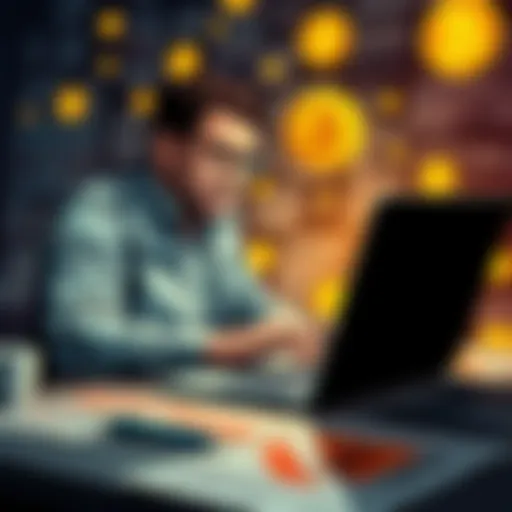 Forbes writer Billy Bambrough typing on his laptop surrounded by cryptocurrency symbols and headlines