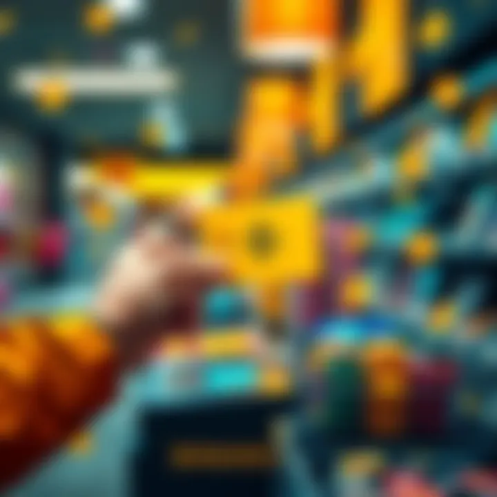 A person holding a Binance Card while making a payment at a store checkout, surrounded by cryptocurrency symbols