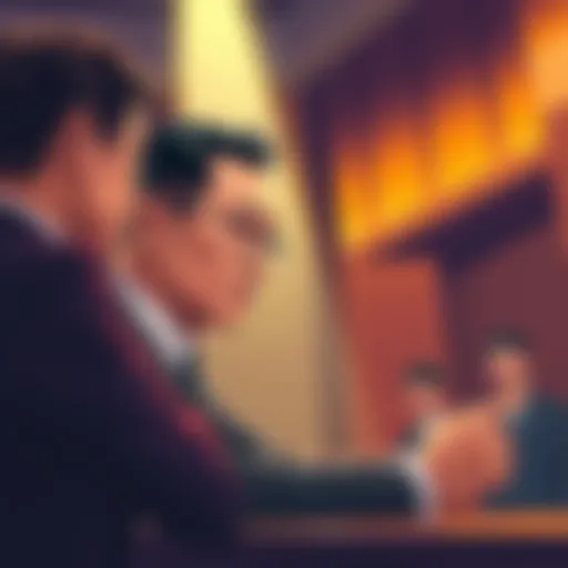 Illustration of a courtroom scene with Binance CEO Changpeng Zhao facing legal challenges over a lawsuit