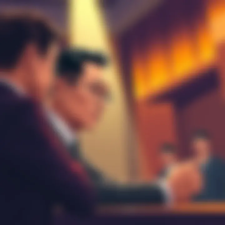 Illustration of a courtroom scene with Binance CEO Changpeng Zhao facing legal challenges over a lawsuit