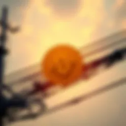 A Binance logo above a damaged power line and internet cables, symbolizing financial support for infrastructure recovery.