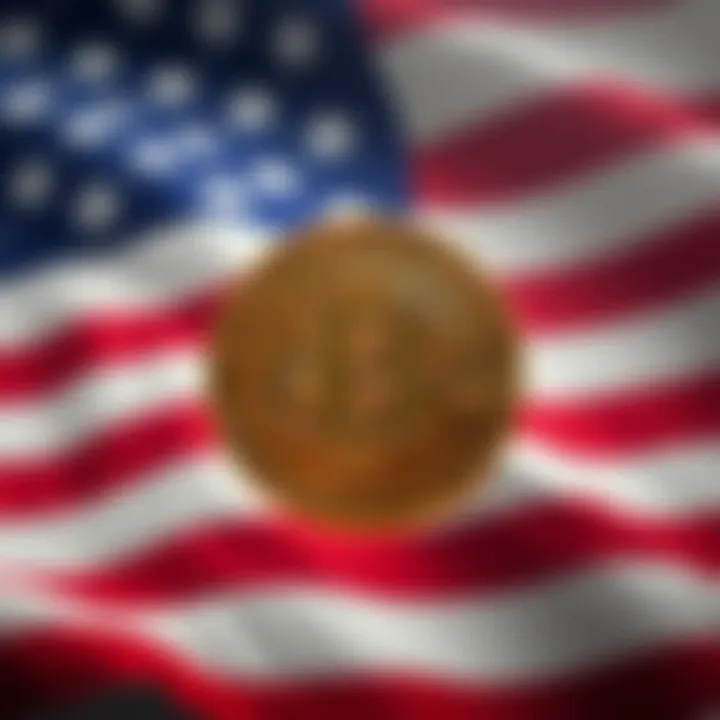 Bitcoin symbol in front of an American flag, symbolizing freedom and independence in finance