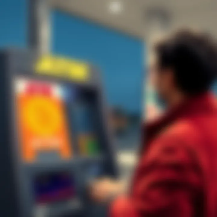 A Bitcoin ATM located at a local gas station, highlighting a user withdrawing money and looking puzzled at the displayed exchange rate and fees.