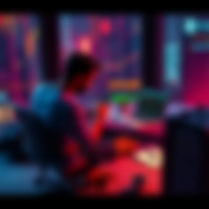 A person sitting at a desk looking at a graph showing Bitcoin price drops, with a laptop and notes about dollar-cost averaging and portfolio diversification nearby.