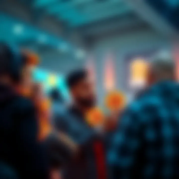 People buying Bitcoin during market dip A group of people discussing Bitcoin purchases as the market dips