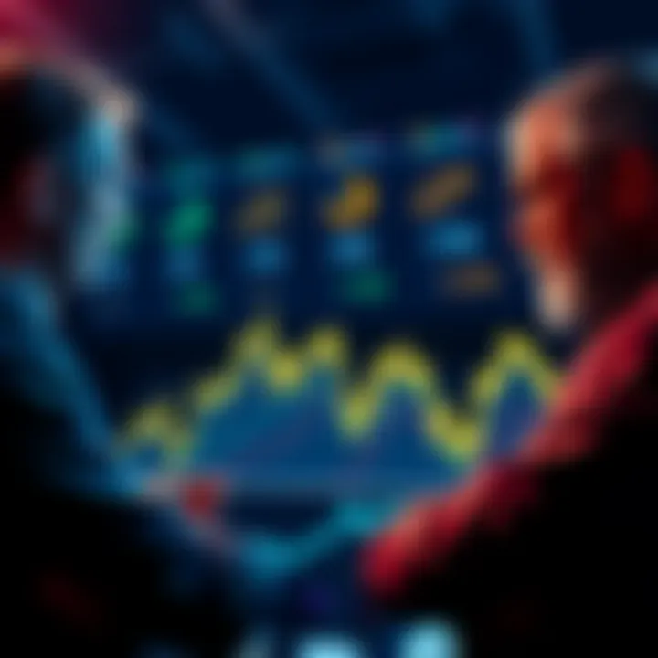 Investors looking at a downward trend graph of Bitcoin prices while discussing buying strategies