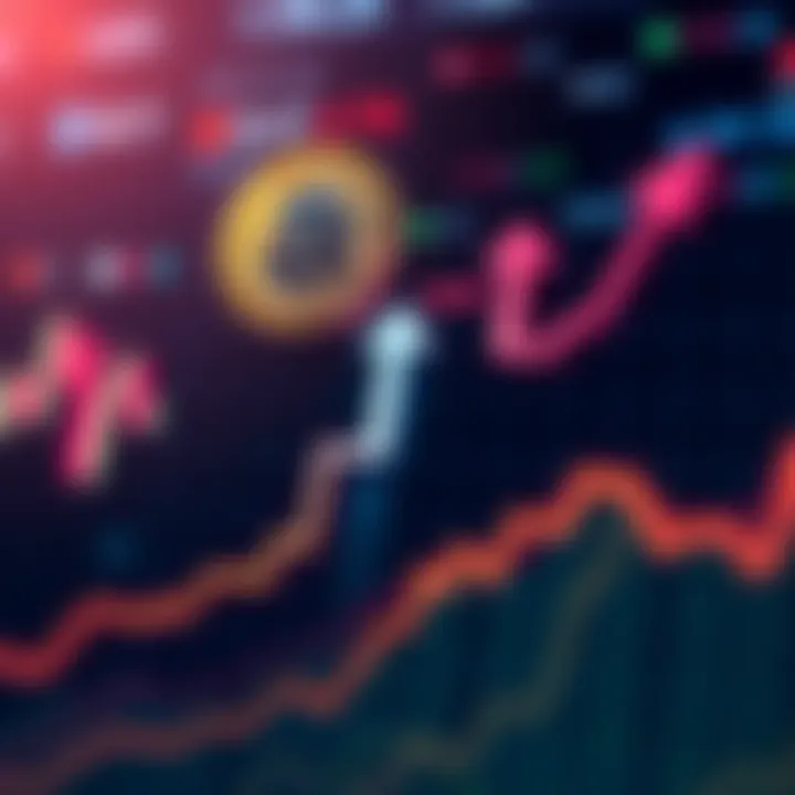 A graphical representation of Bitcoin's price trends with upward and downward arrows indicating market fluctuations.