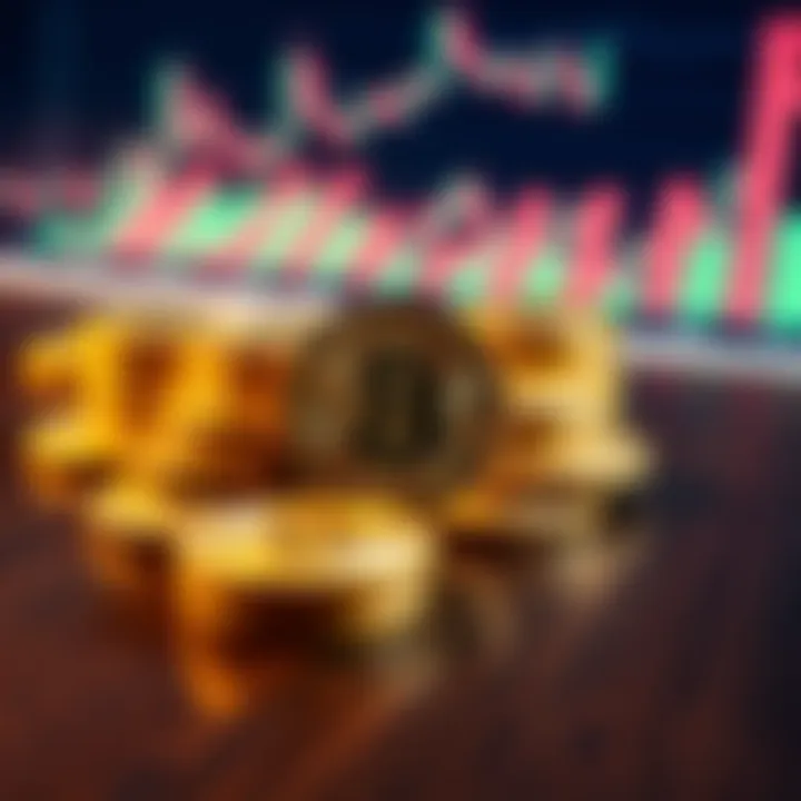 Bitcoin Coins on a Table Shiny Bitcoin coins laid on a wooden table, symbolizing investment and wealth, with a blurred background of charts and graphs