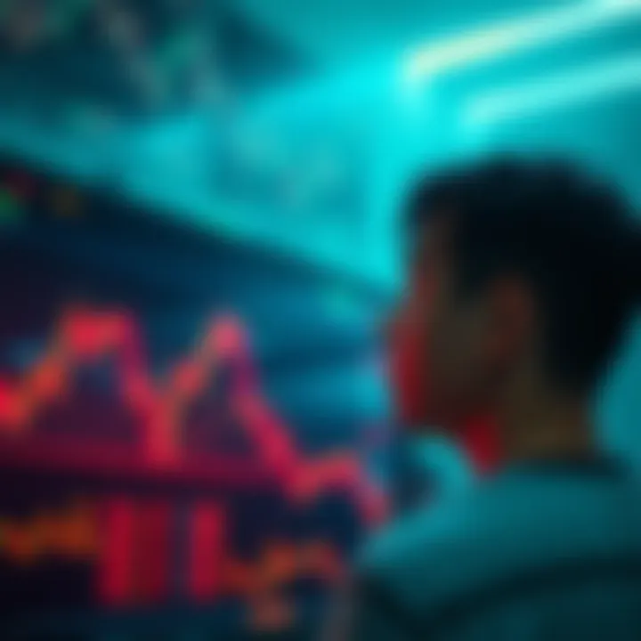 A person looks worriedly at a graph showing Bitcoin's declining value, with images of financial markets in the background.