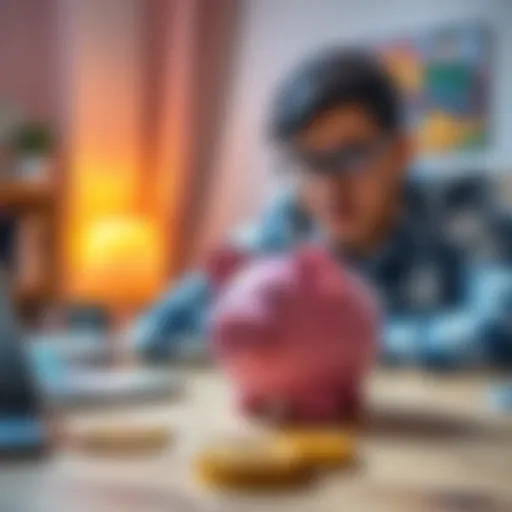 A parent considering Bitcoin for saving for their child's college education, with a piggy bank and Bitcoin symbols on a table.