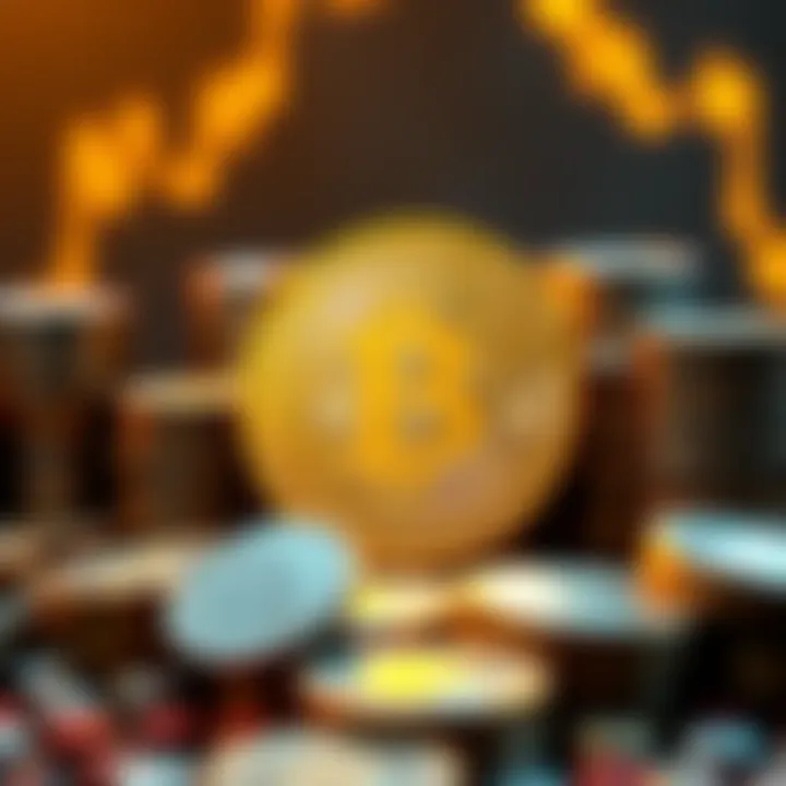 A golden Bitcoin coin surrounded by stacks of coins representing investment and stability.