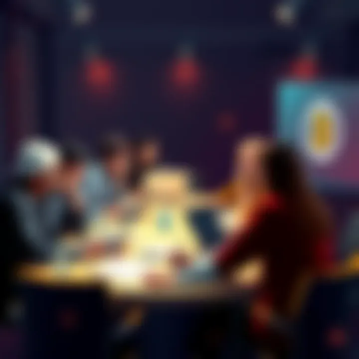 A group of people discussing Bitcoin opinions around a table with laptops and papers, showing mixed emotions.