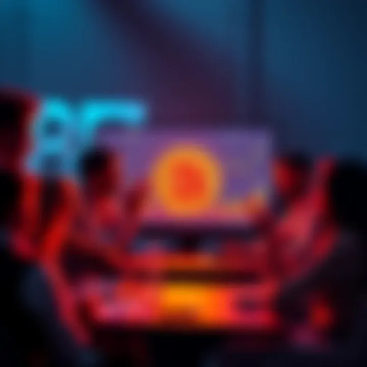 A group of people discussing Bitcoin's effectiveness as a currency, with a laptop displaying charts and graphs in the background.