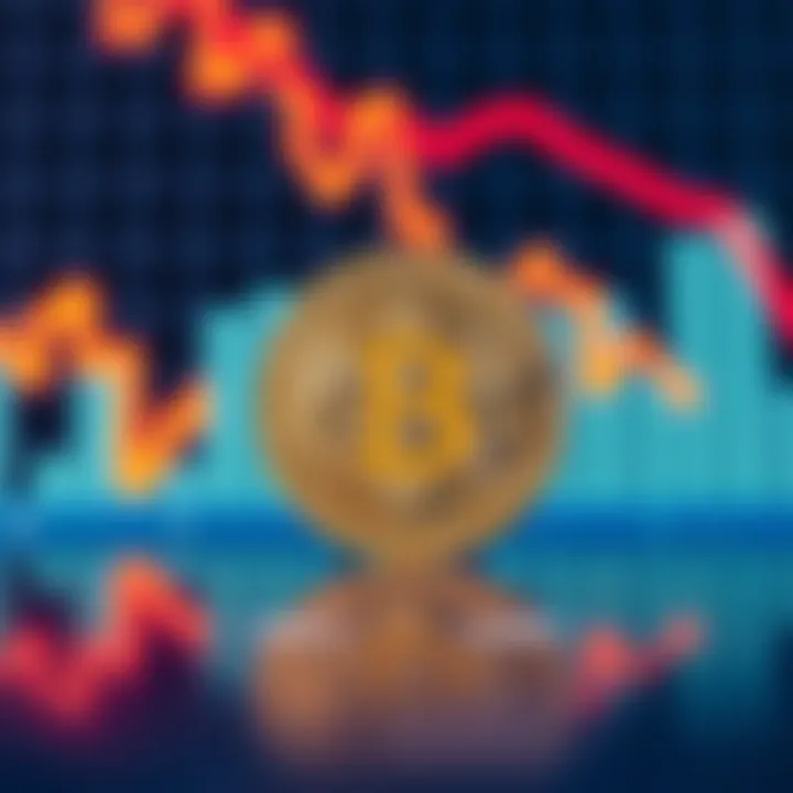 A Bitcoin coin placed in front of a graph showing a decline, symbolizing challenges in demand.