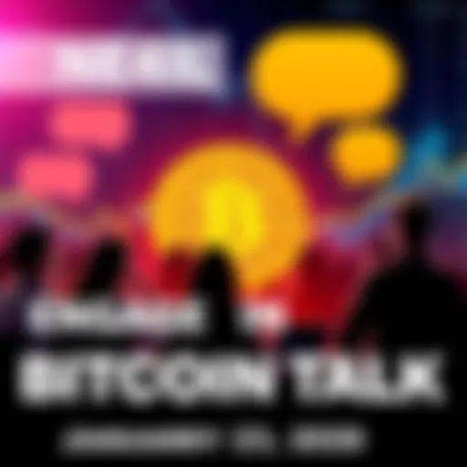 People engaging in a discussion about Bitcoin with speech bubbles and charts in the background