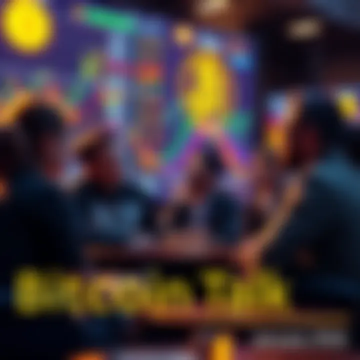 People engaging in a lively discussion about Bitcoin with charts and screens in the background