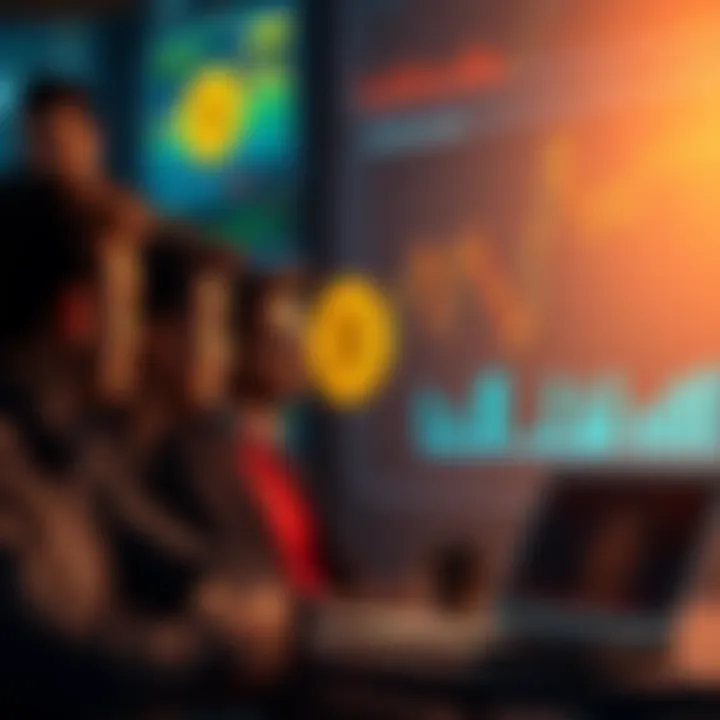 Bitcoin Discussion Thread A group of people engaging in a lively discussion about Bitcoin, with charts and graphs in the background.