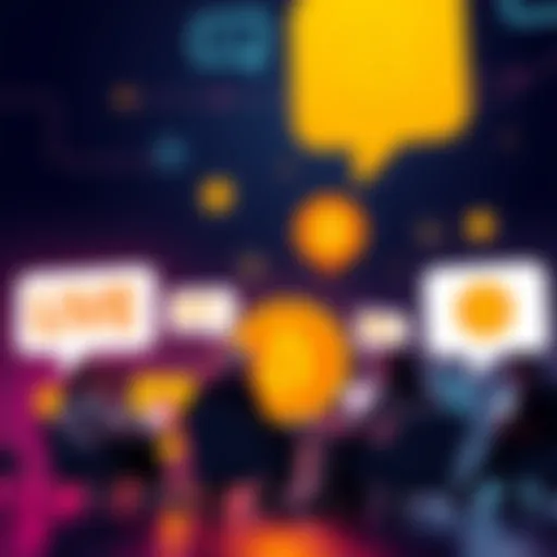 People engaging in a conversation about Bitcoin with chat bubbles and laptops