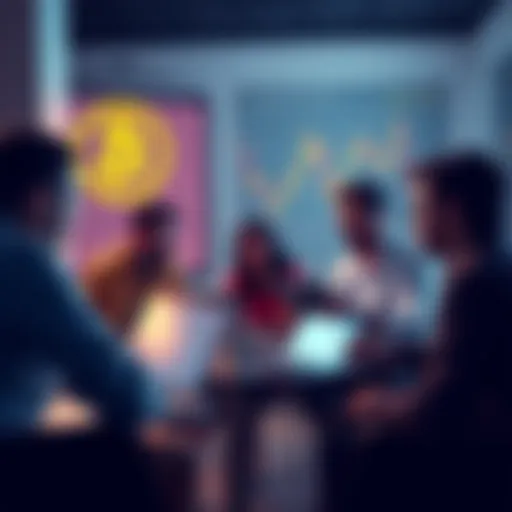 A group of people discussing Bitcoin in a casual setting with charts and laptops around them.