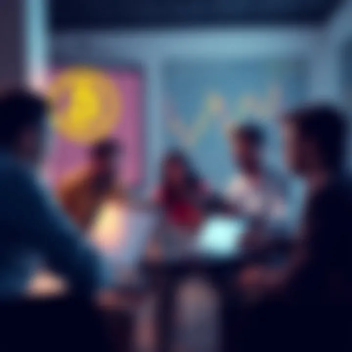 A group of people discussing Bitcoin in a casual setting with charts and laptops around them.