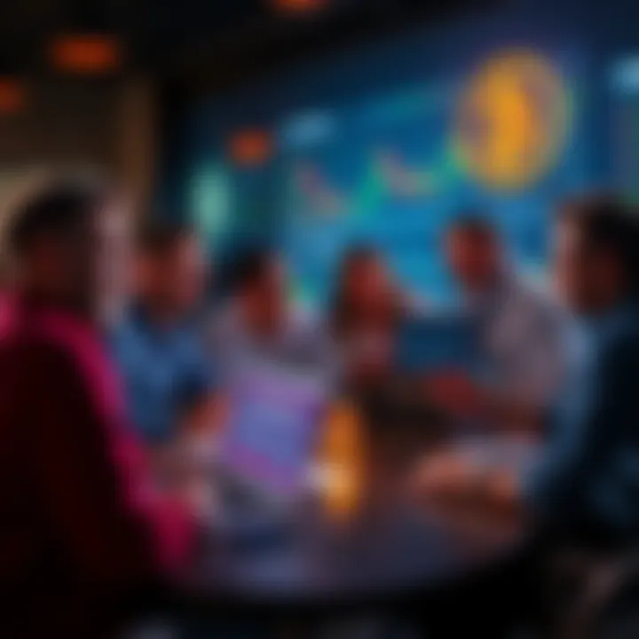 A group of people engaging in a lively discussion about Bitcoin, with laptops and phones displaying Bitcoin charts and news.