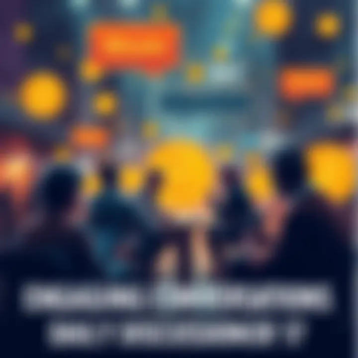 People engaging in a lively discussion about Bitcoin with chat bubbles and coins in the background