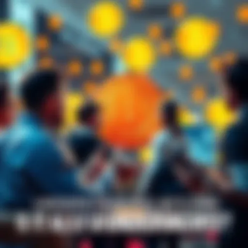 A group of people engaging in a conversation about Bitcoin, with digital currency symbols in the background.