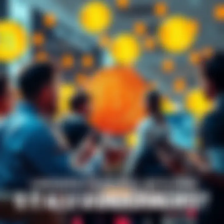 Bitcoin Discussion A group of people engaging in a conversation about Bitcoin, with digital currency symbols in the background.