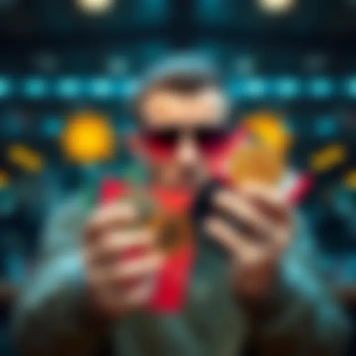 A person holding Bitcoin coins and gift cards, looking concerned about the transaction process.