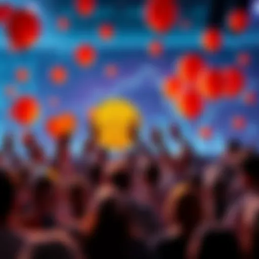 People celebrating the one-year anniversary of Bitcoin halving with charts and balloons in the background, symbolizing market changes and investment growth.