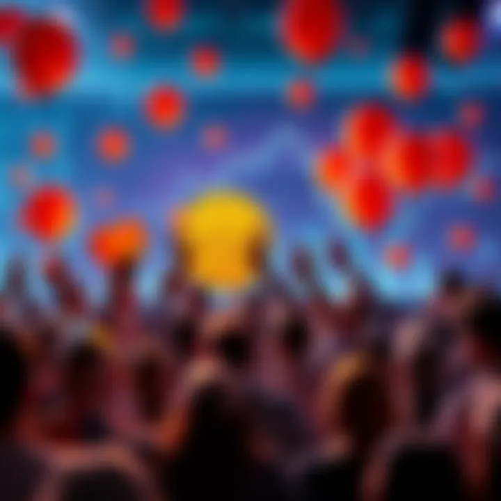 People celebrating the one-year anniversary of Bitcoin halving with charts and balloons in the background, symbolizing market changes and investment growth.