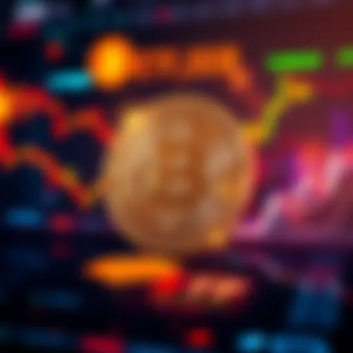 A visual representation showing fluctuating Bitcoin prices with trading volume graphs and ETF logos in the background.