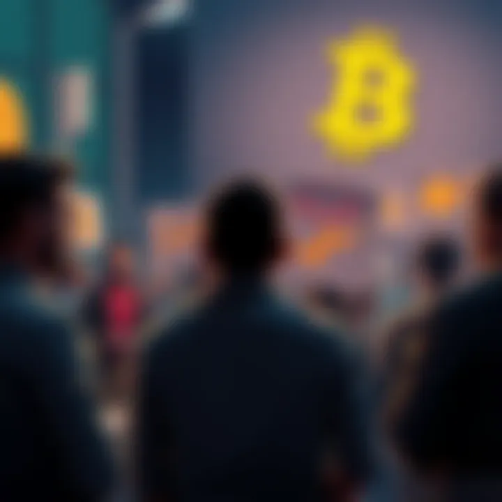 A group of people debating on spending Bitcoin with signs showing lower fees and merchant acceptance