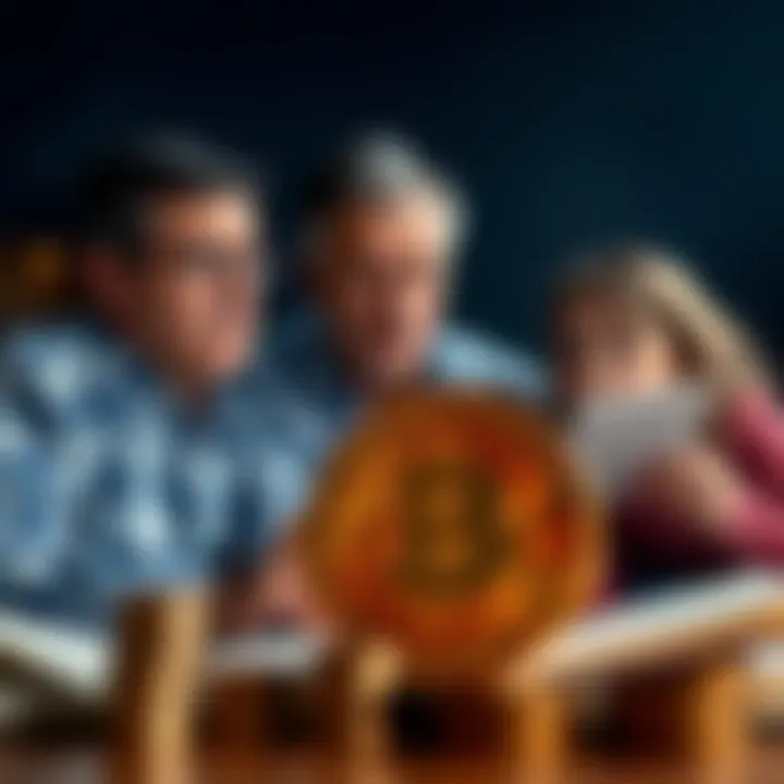 A family reviewing their finances with Bitcoin symbol in the foreground, representing hope against rising inflation, with a worried expression on their faces.