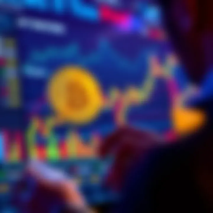 A person examining a chart displaying Bitcoin's four-year trading cycle with dollar bills in hand