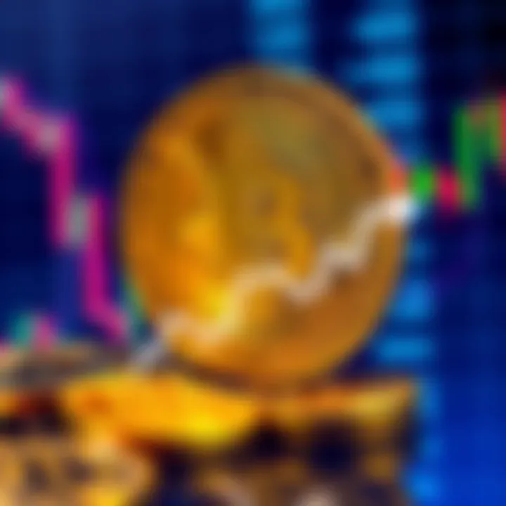 A graphic showing Bitcoin coins with a downward trend in price on a chart, symbolizing investment opportunities during a market decline.