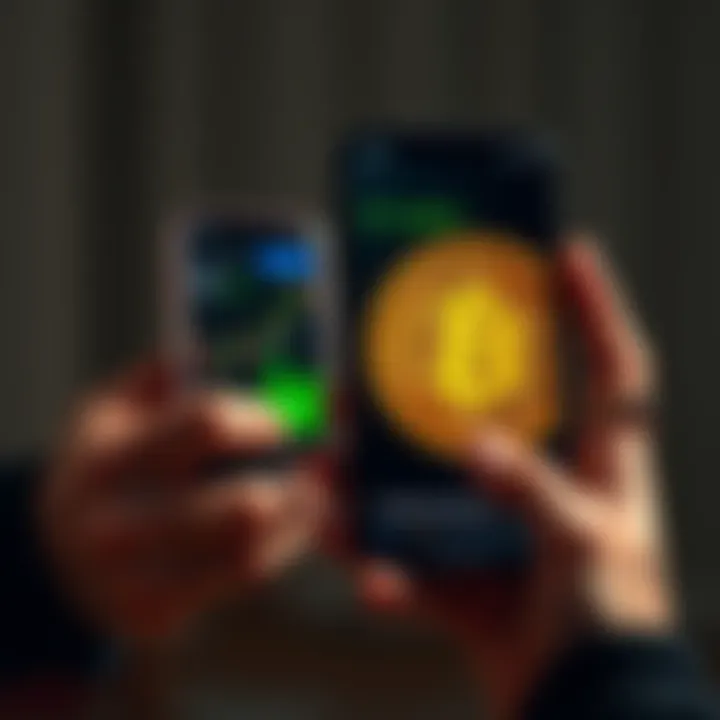 A person holding a physical Bitcoin and a smartphone displaying a Bitcoin investment chart, expressing confidence in long-term gains.