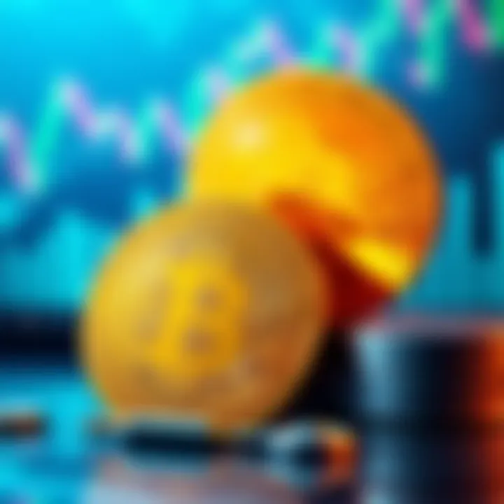 Illustration of Bitcoin and Kaspa coins with fluctuating graphs in the background, symbolizing market changes and volatility.