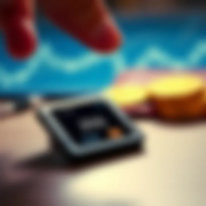A close-up of a Ledger Nano S Plus displaying Bitcoin balance on the screen, with a hand hovering over it, contemplating a decision, and a cold wallet in the background