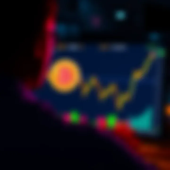 A person looking at a Bitcoin chart with upward and downward trends on a screen