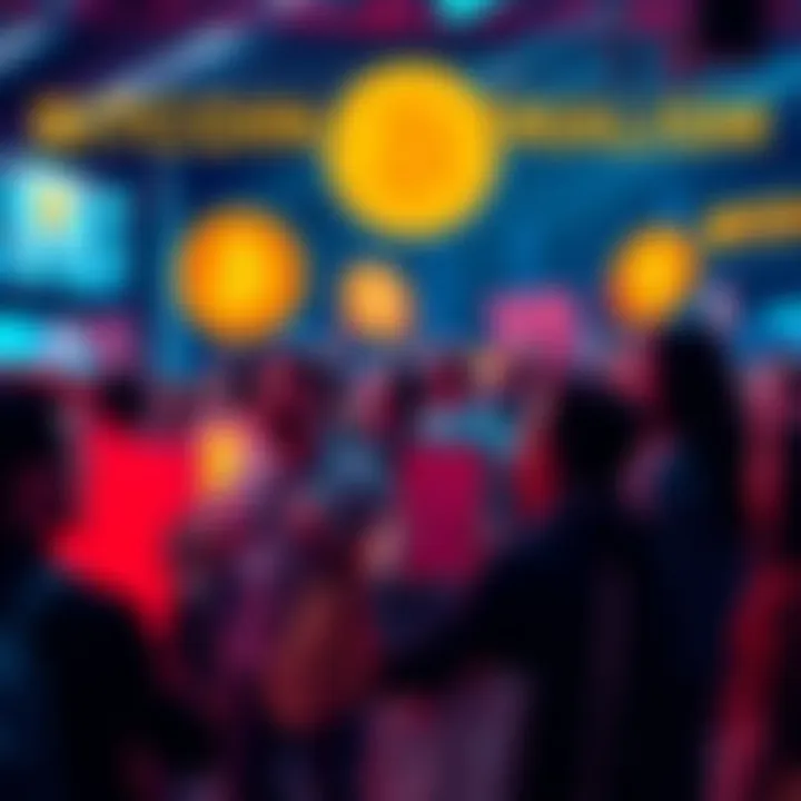 A group of people discussing Bitcoin maximalism with enthusiasm, holding signs and talking animatedly in a lively environment.