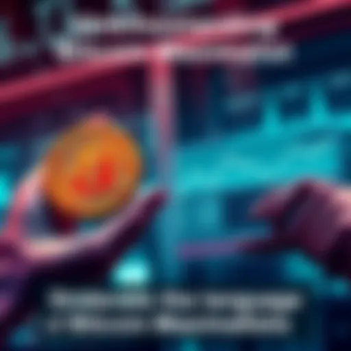 A Bitcoin maximalist engaged in conversation about fiat transactions, holding a Bitcoin logo and showing a graph of market trends.