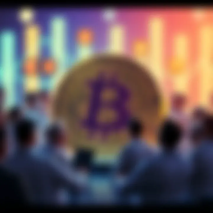 Illustration of a Bitcoin symbol surrounded by people discussing a new meme from a recent 32 BTC transaction, highlighting the excitement in the cryptocurrency community.