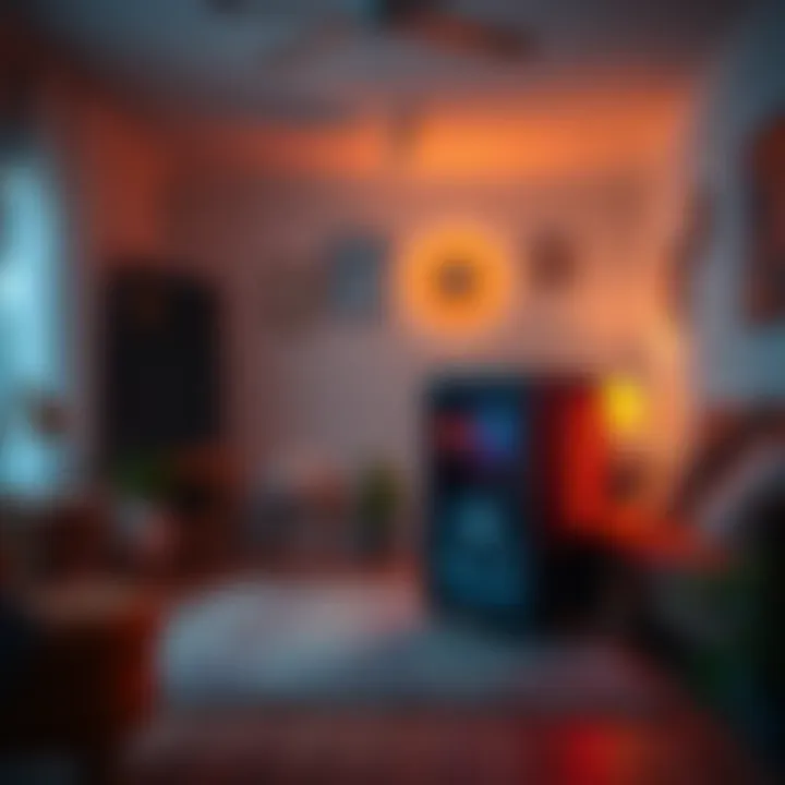 A bitcoin miner setup in a cozy living room, generating heat and illuminating the space.
