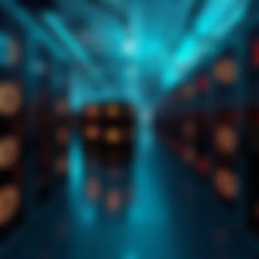 A modern data center filled with Bitcoin mining rigs, highlighting the shift from traditional mining to data processing