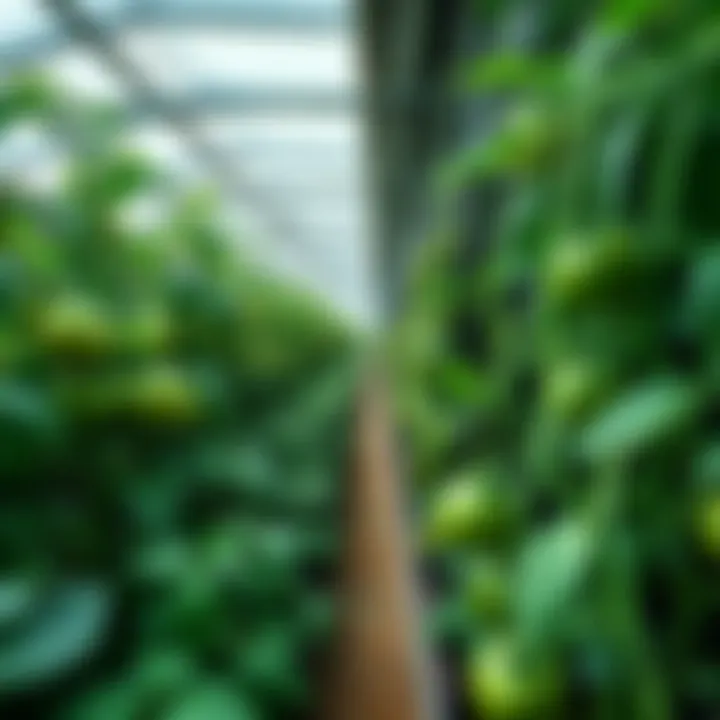 A greenhouse filled with tomato plants, heated by waste heat from Bitcoin mining rigs, showing vibrant green tomatoes growing under bright lights.