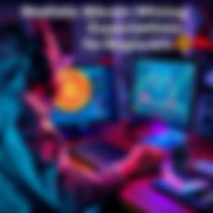 A beginner sitting at a desk with a laptop, exploring Bitcoin mining software and graphs on the screen