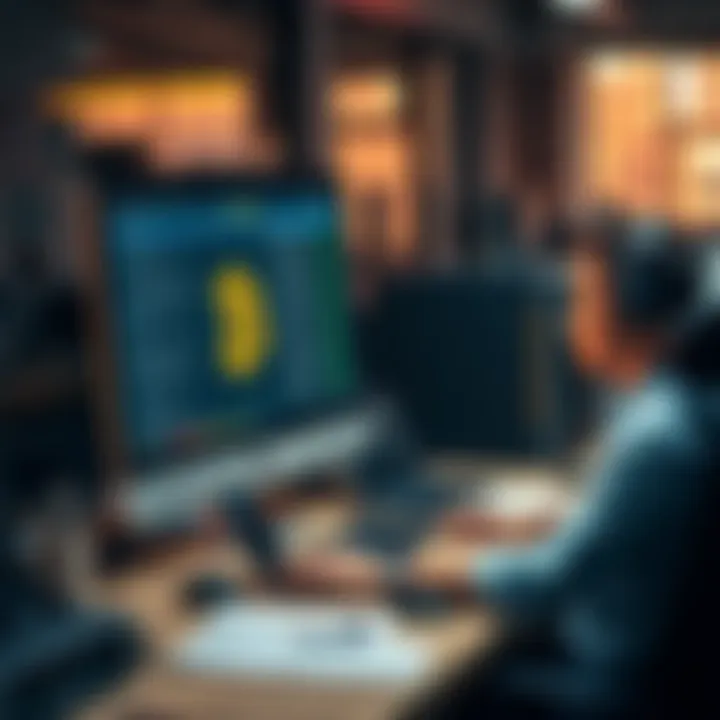 A person using a company iMac for Bitcoin mining at a workplace, surrounded by office equipment